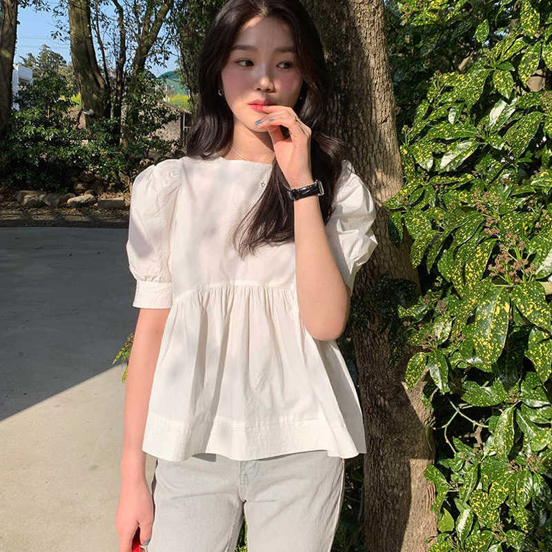 Korean Version Sweet Cute Round Collar Bubble Short Sleeve Shirt Summer Solid Cotton White Blouse Blusa Feminina 14038 210528