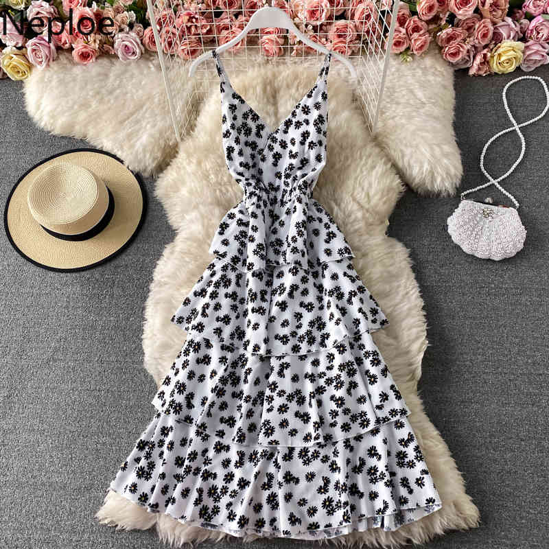 Neploe Summer Vestidos Mujer Floral Chiffon Robe V-neck Backless Sling Dress Korean Slim Elegant Cake Dresses 95498 210422