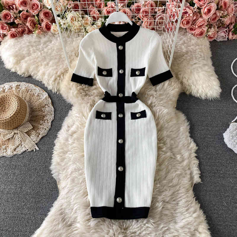 All-match Temperament High Waist Wrap Hip O Neck Short Sleeve Single-breasted Knitted Dress Women Contrast Retro Slim Vestido 210429