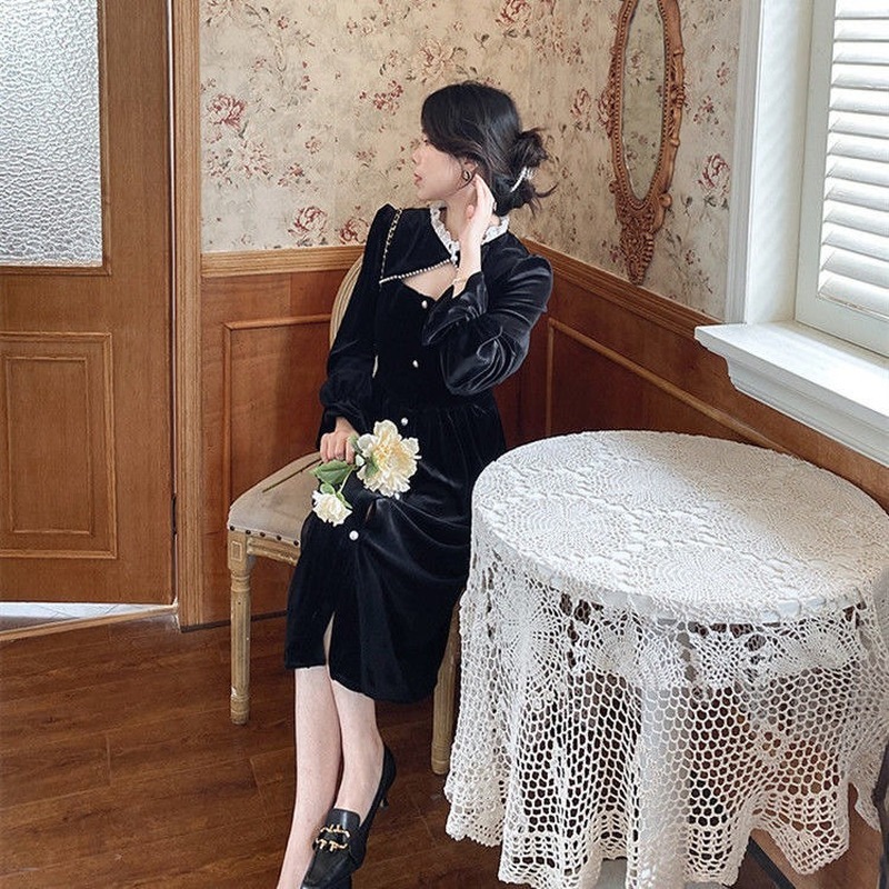 Vintage Black Dress women casual evening party dress korean Spring slim long sleeve sexy Button dress female 210521