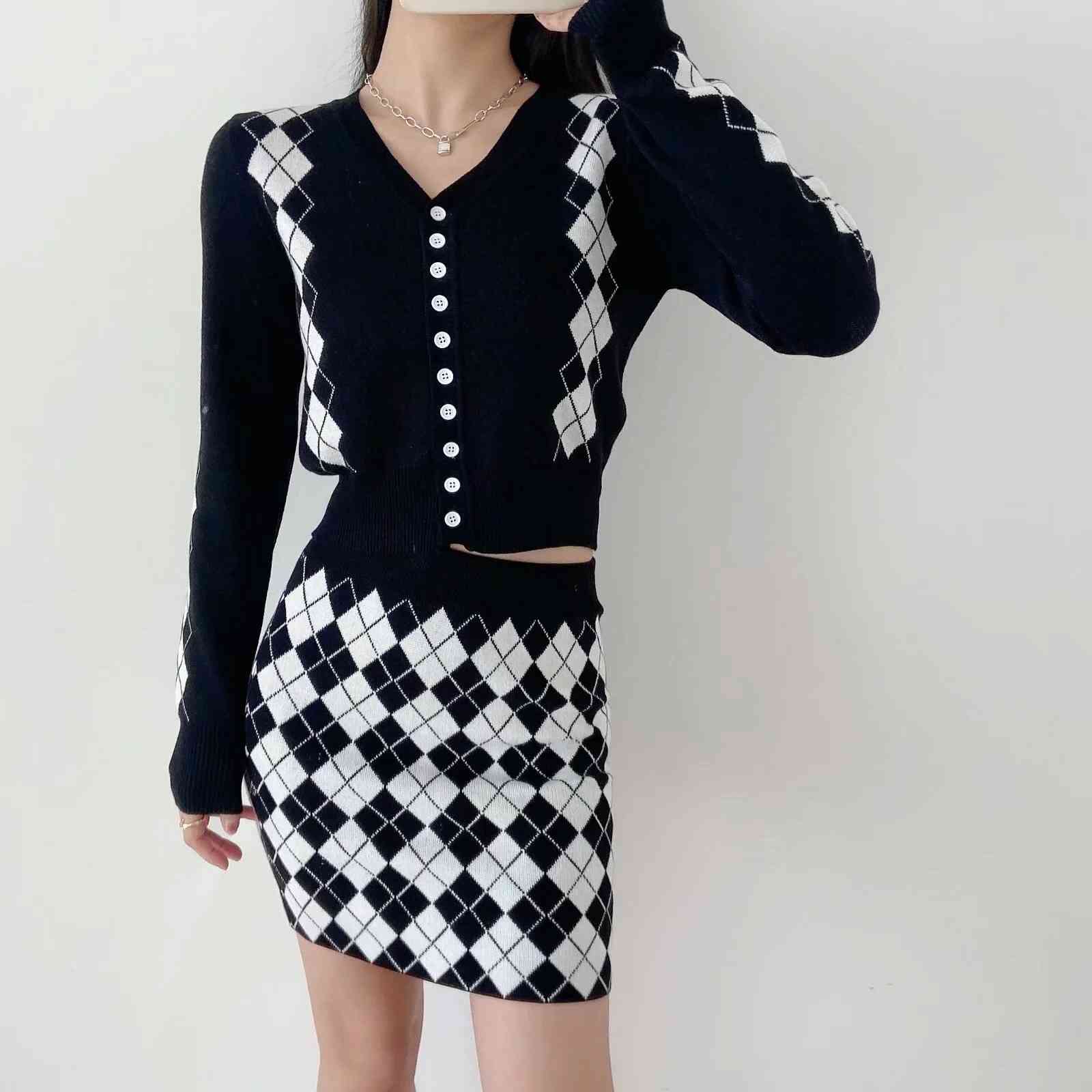 90s Vintage Argyle Plaid Knitted Cropped Cardigan 2 pcs 1 Set Crop Women Sweater Package Hips Mini Skirt Y2K Knitwear 210429