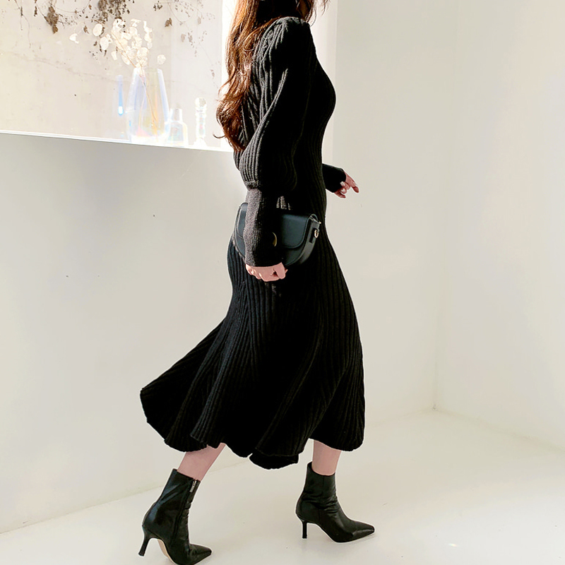 Casual Turtleneck Sweater Dresses Women Winter Vintage Thick Lantern Sleeve Female Trumpet Mermaid Knitted Vestidos 210520