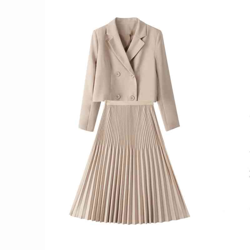 Skirt Sets Korean Chic OL Two Piece Women Crop Top Casual Blazer Coat Pleated Long Suits Female 2 210510