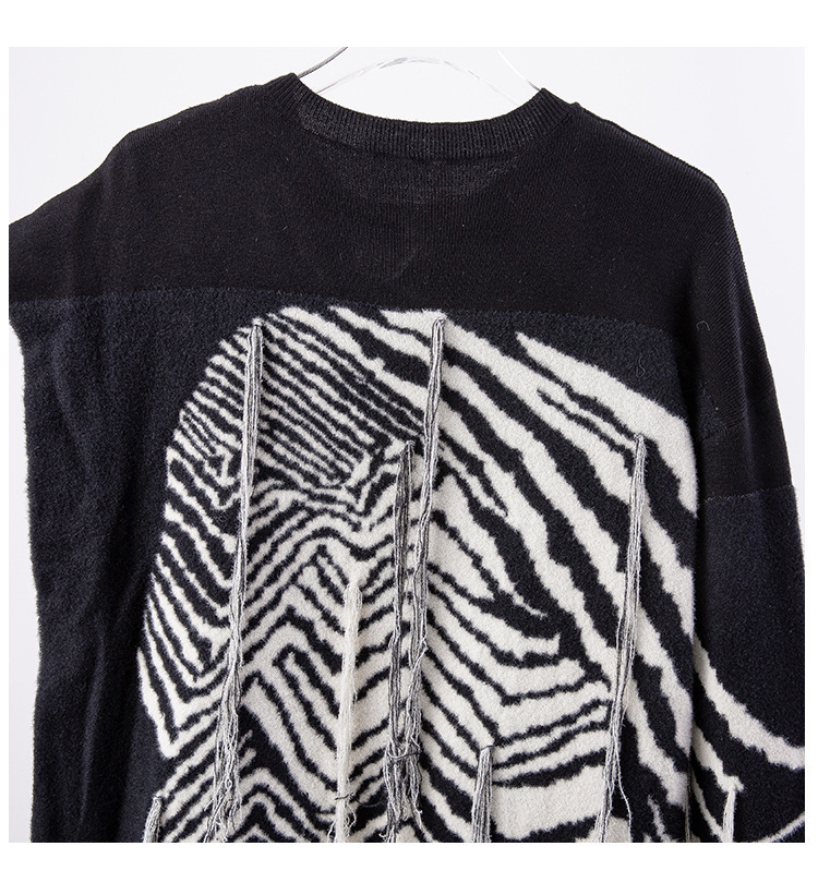 [EAM] Women Black Knitting Striped Tassels Big Size Dress Round Neck Long Sleeve Loose Fit Fashion Spring Autumn SG592 21512