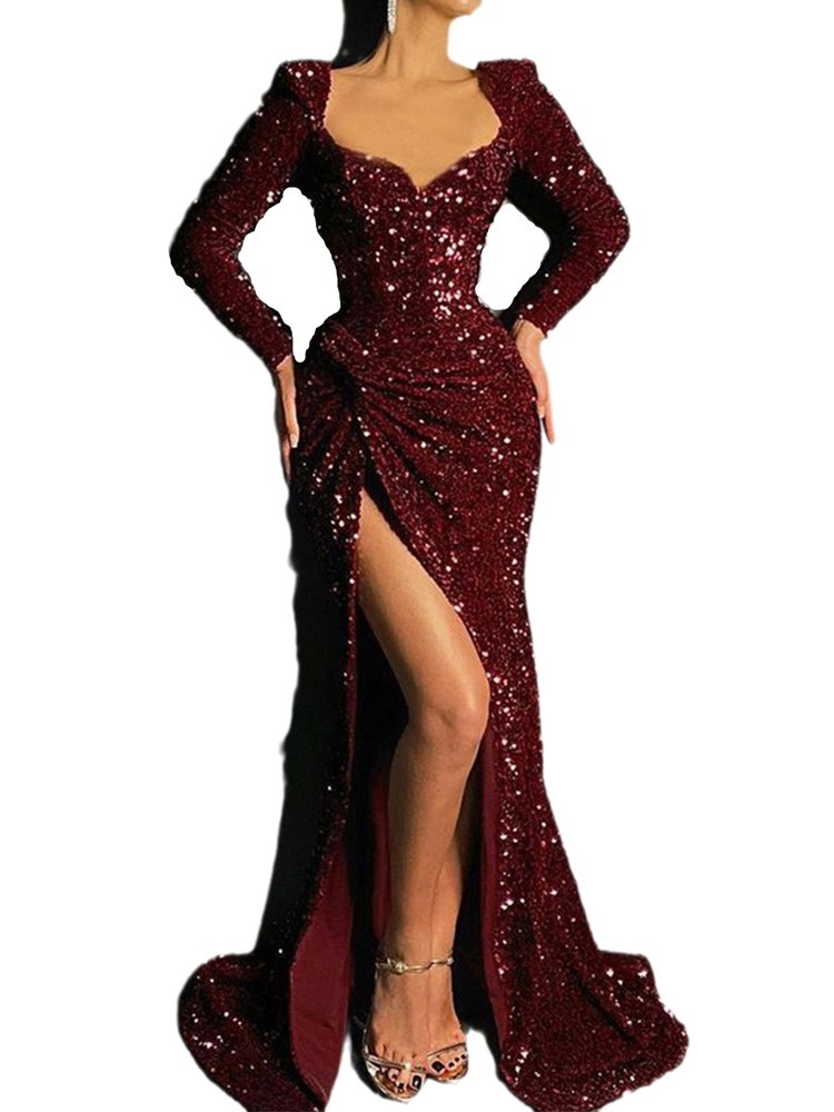 Women Dress Temperament Party es Sequin V Neck Split Maxi es High Waist Long Sleeve Plus Size Sexy 210513