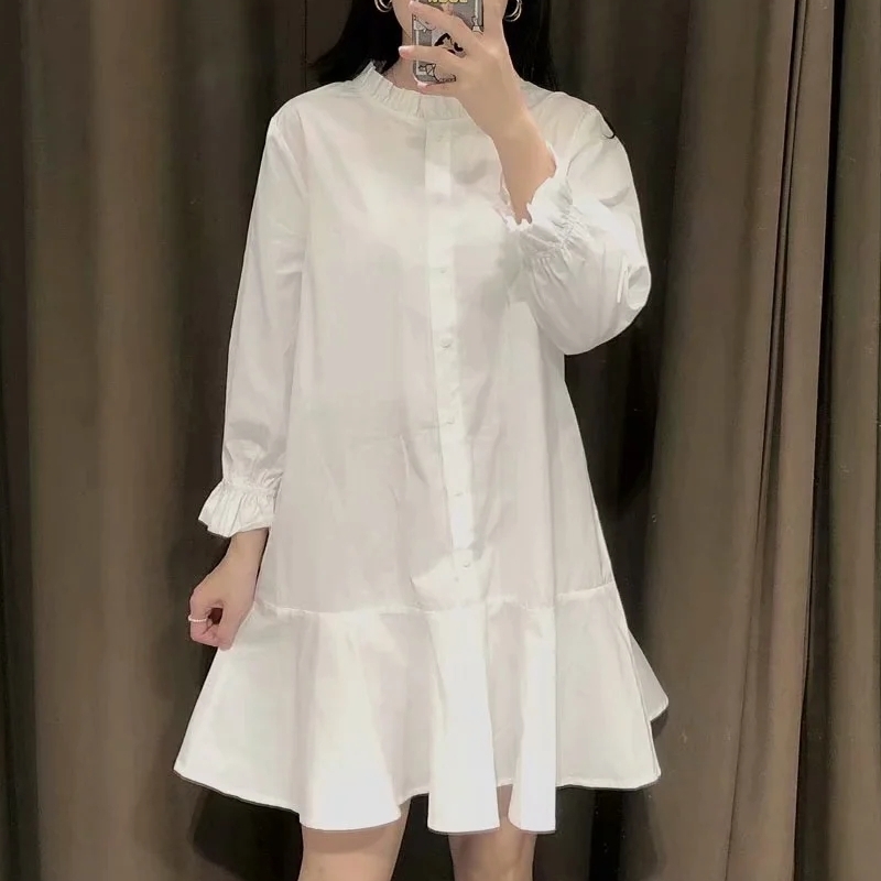 Women Ruffled Hem White Mini Shirt Dress Female O Neck Nine Quarter Sleeve Clothes Office Lady Loose Vestido D6983 210430