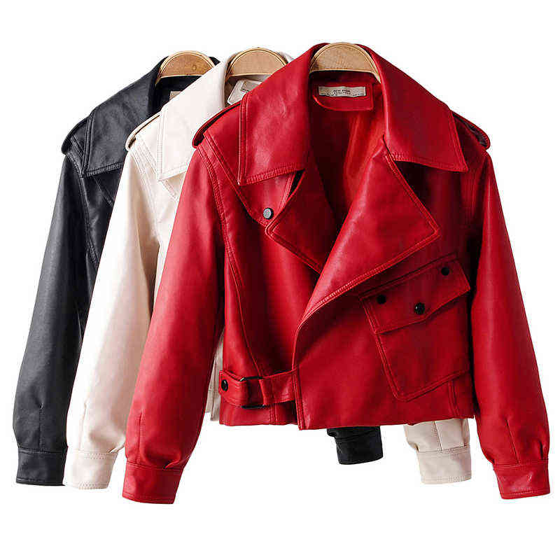 Fitaylor Autumn Women Faux Leather Jacket Pu Motorcycle Biker Red Coat Turndown Collar Loose Streetwear Black Punk Outerwear 211130