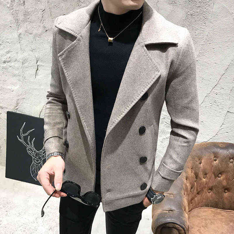 Autumn Winter Solid Color Overcoat Woolen Coat Red Black Smart Casual Mens Wool Coat Coats Jackets Slim Fit Mens Pea Coat 211122