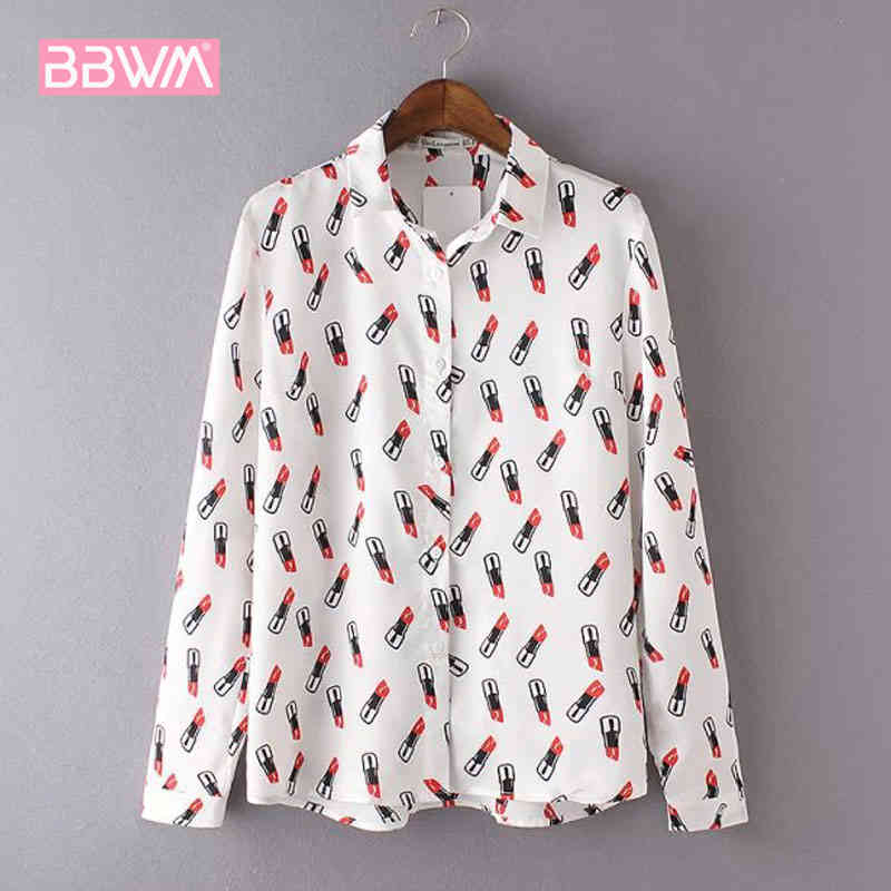 Korean Version Slim Long-sleeved Lipstick Printed Chiffon Shirt Autumn Simple Wild Elegant Women's Shirt White Black Female Tops 210507