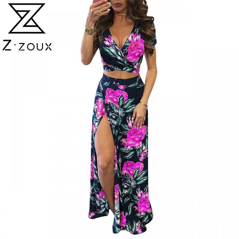 Women Sets Sexy Skirt Deep V Neck Short Sleeve Crop Top High Waist Split Maxi Two Piece And 210513