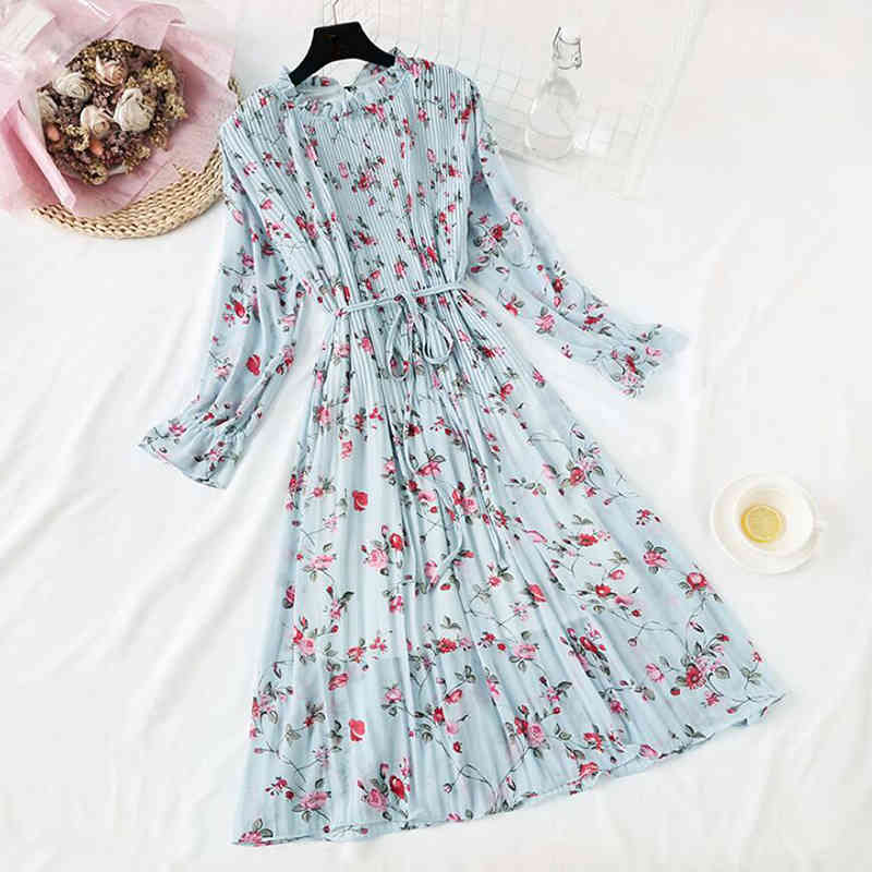 Women Print Pleated Chiffon Dress Spring Summer Fashion Female Casual Flare Sleeve Lotus Leaf Neck Basic Dresses 210521