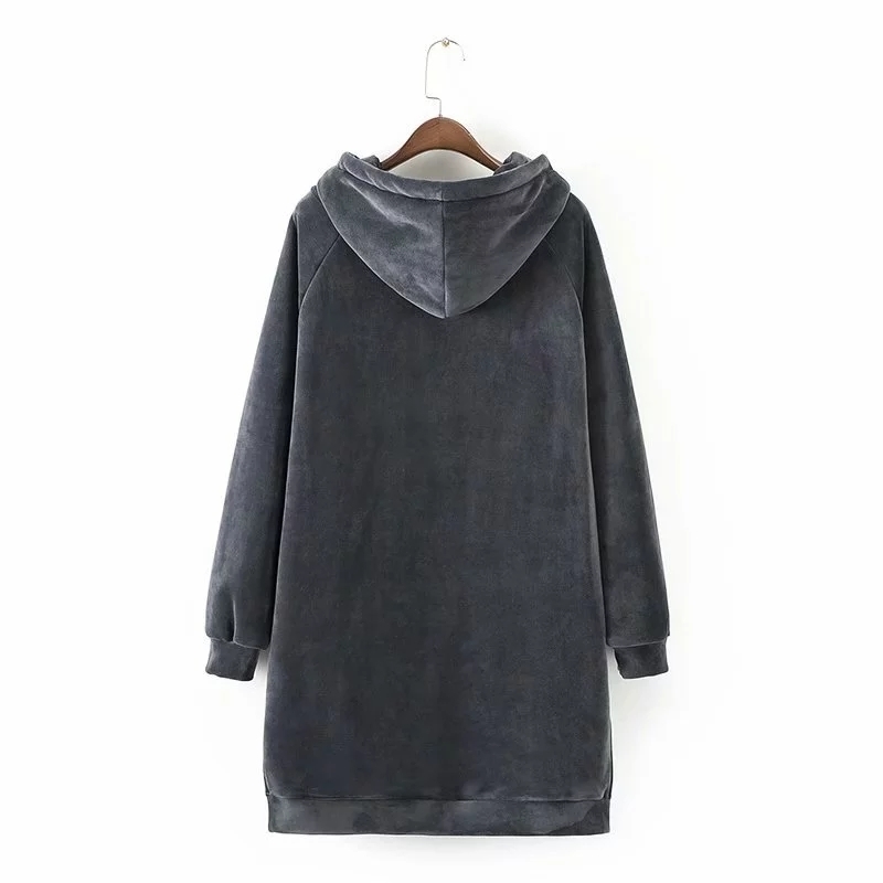 Women Velvet Thick Longline Hoodie With Split Hem Winter Raglan Sholder Outerwear 210512