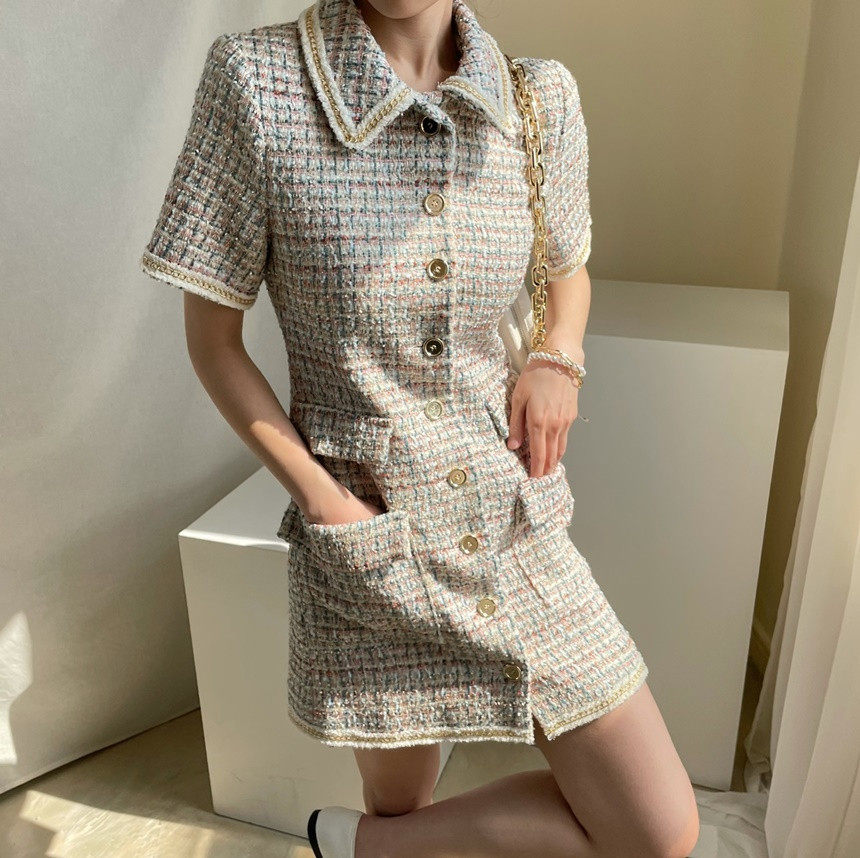 Women's Elegant Party Dress Fashion Casual Tweed Woolen Lapel Short Sleeve Summer Vestidos 210520