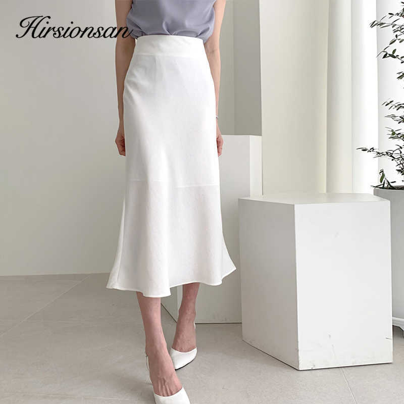 Hirsionsan Satin High Waist Skirt Soft Smooth Silk Office Lady Basic Midi Chic Elegant Glossy Long 210621