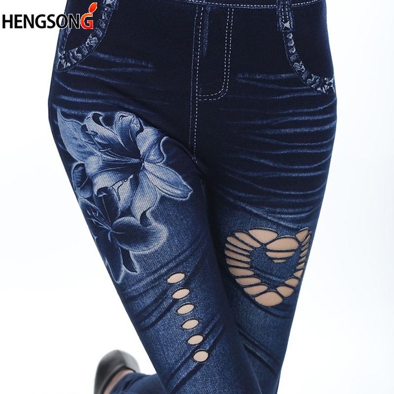 Plus Size Women Jeans Leggings Fashion High Waist Female Flowers Print Ankle-Length Pants Hollow Denim Leggins Women's