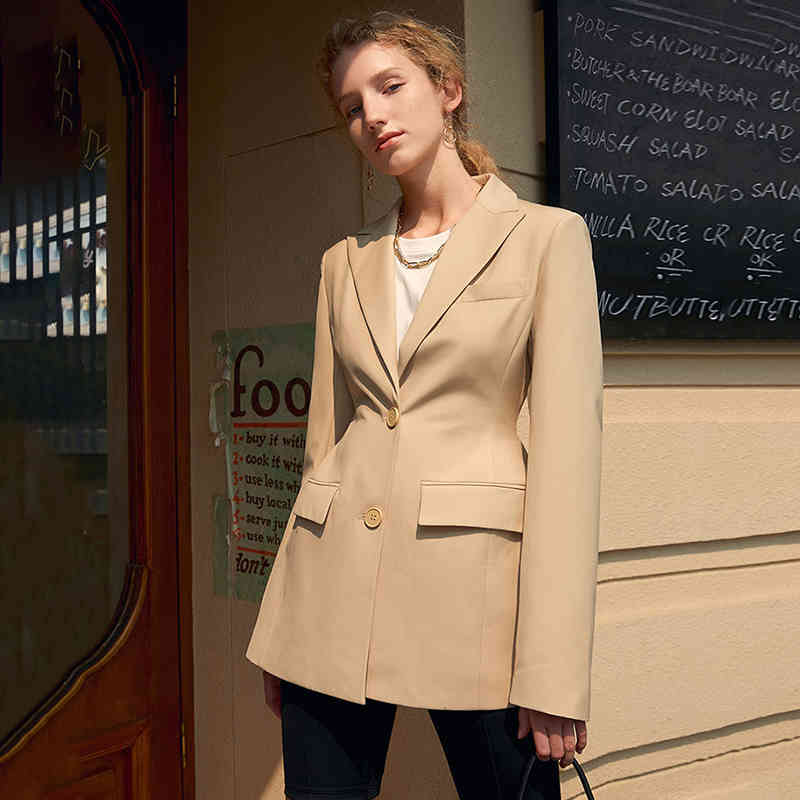 [EAM] Women Light Khak Shaped Vintage Blazer Lapel Long Sleeve Loose Fit Jacket Fashion Spring Autumn 1DD8050 210512
