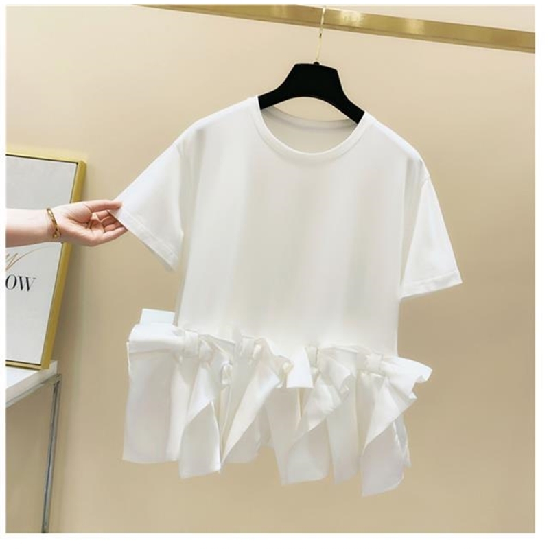 Summer Fashion Bottom Bow Patchwork Short Sleeve Cotton O Neck White T-shirt Loose Top 210615
Summer Fashion Bottom Bow Patchwork Short Sleeve Cotton O Neck White T-shirt Loose Top 210615