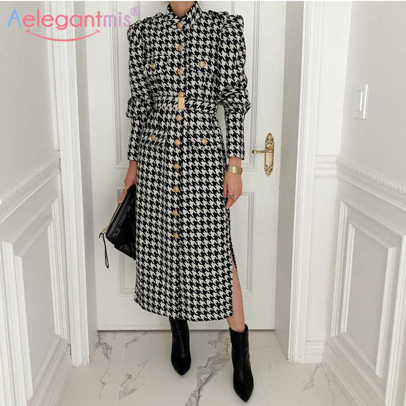 Aelegantmis Houndstooth Vintage Dress Women Sashes Split Long Puff Sleeve Dresses Elegant Vestidos Mujer Single Breasted Party 210607, As shown
Aelegantmis Houndstooth Vintage Dress Women Sashes Split Long Puff Sleeve Dresses Elegant Vestidos Mujer Single Breasted Party 210607, As shown