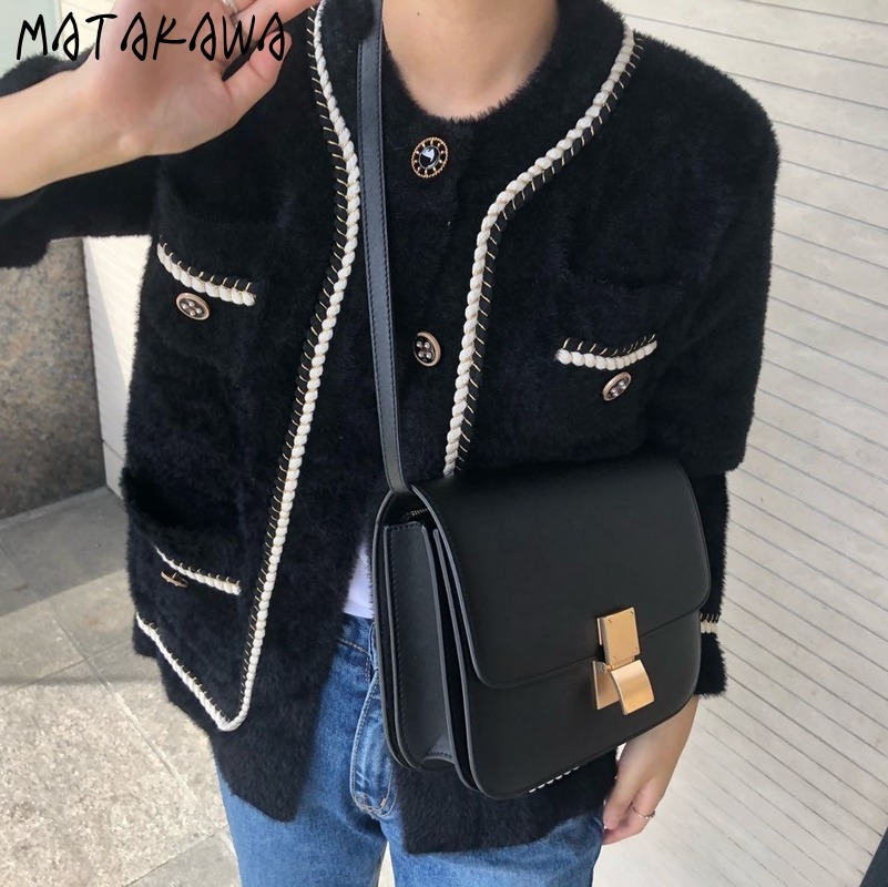 MATAKAWA Autumn and Winter Retro Round Neck Waterproof Mink Woman Jackets Single-breasted Loose Thick Velvet Short Coat Female 210513