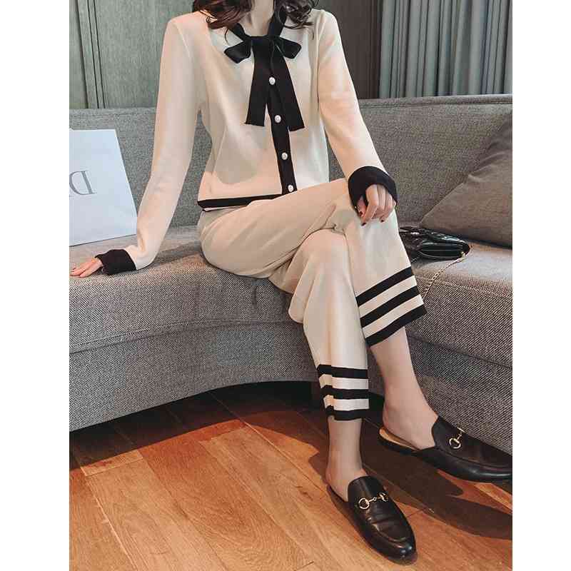 Bow Tie Collar Sweater Top + Wide Leg Pant 2 Piece Suit Women Striped Sweater Suit Sets Knitted Cardigans Pants Set Tracksuits 210515