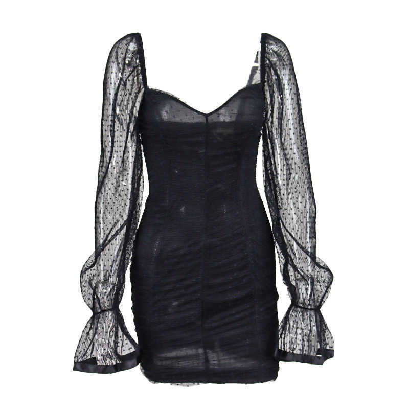 DEAT Spring Arrivals Long Lantern Sleeve Sexy Fashion Chiffon Polka Point Square Collar Pleated Short Mini Dress ML776 210709