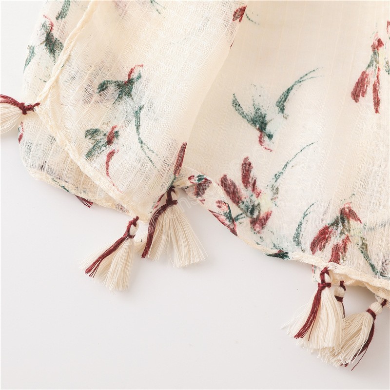 Flower Printed Scarf Shawls Women Tassesl Hijabs Fashion Cotton Muslim Head Wraps Large Size Headscarf Turbans