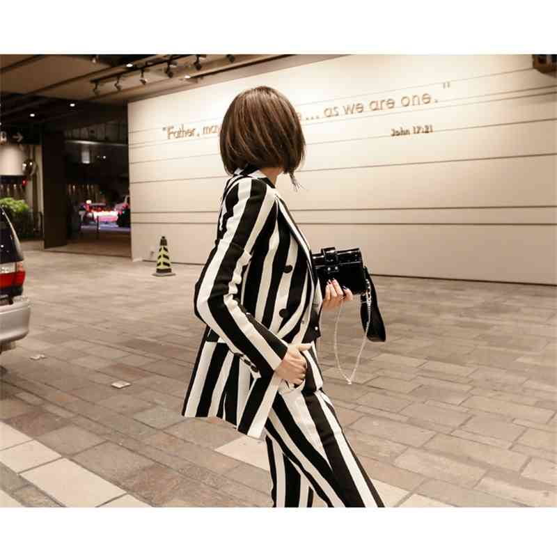 HIGH QUALITY Runway Long Pant Suits Women Casual Office Business Formal Work Wear Sets Elegant stripe 210520