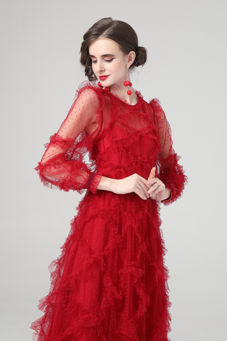 Women's Runway Dresses O Neck Long Sleeves Ruffles Elegant Fashion Tiered Party Prom Gown