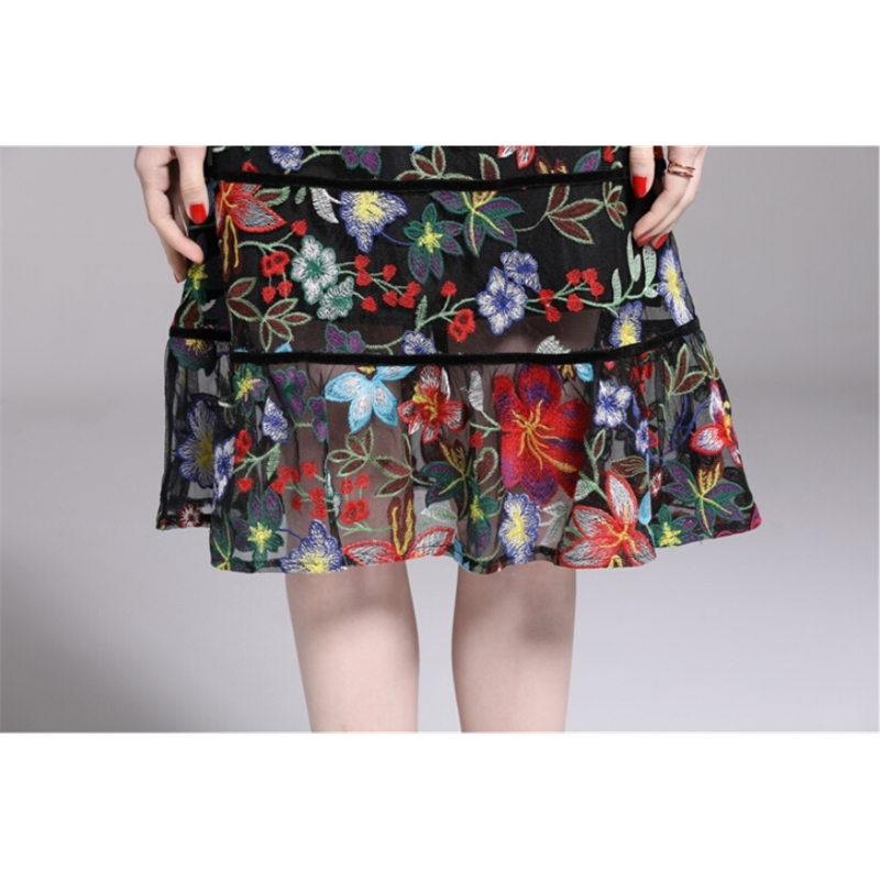 Arrival Bohemian Flower Embroidered Short Sleeve Party Dresses Vintage Mesh Summer For Women Vestido 210520