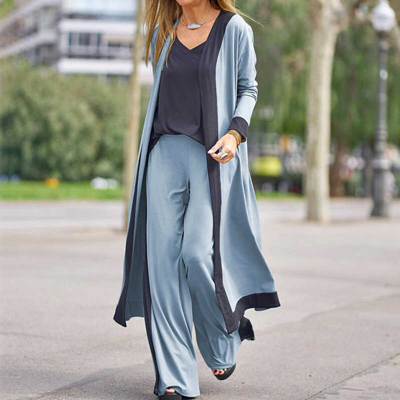 Casual Women Long Cardigan & Sling Tops Loose Pants Sets Elegant Patchwork Lady Outfits Suits Fashion Femme 3Pc Steetwear 210930