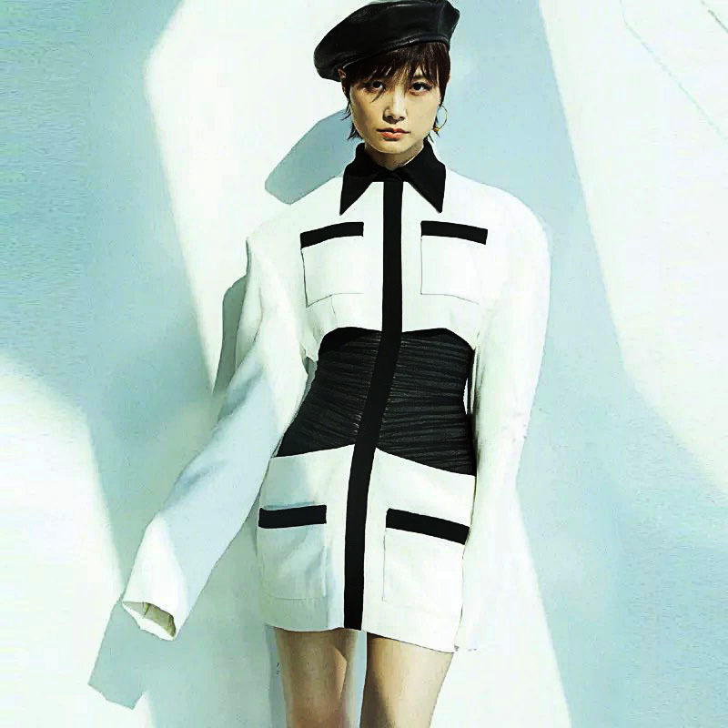 runway celebrity style deaigner slim bodycon mini dress high waist patchwork white black autumn winter dresses party chic 210421
