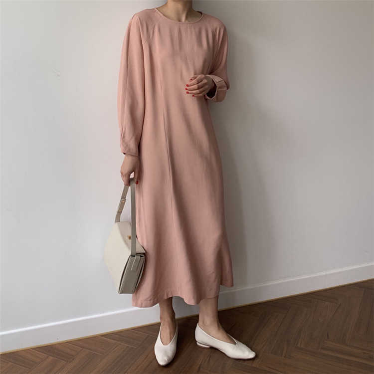 LY VAREY LIN Summer Long Sleeve Tie Up Slim Dress A line Solid O Neck High Waist Mid-Calf Women Party 210526