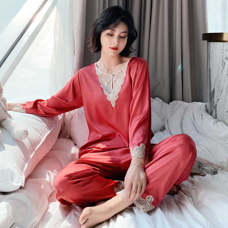 Daeyard Sexy Lace Trimmed Pajama Set For Women Spring Summer Long Sleeve Silk Pyjamas Soft Sleepwear Casual Homewear 2Pcs Pijama 210924