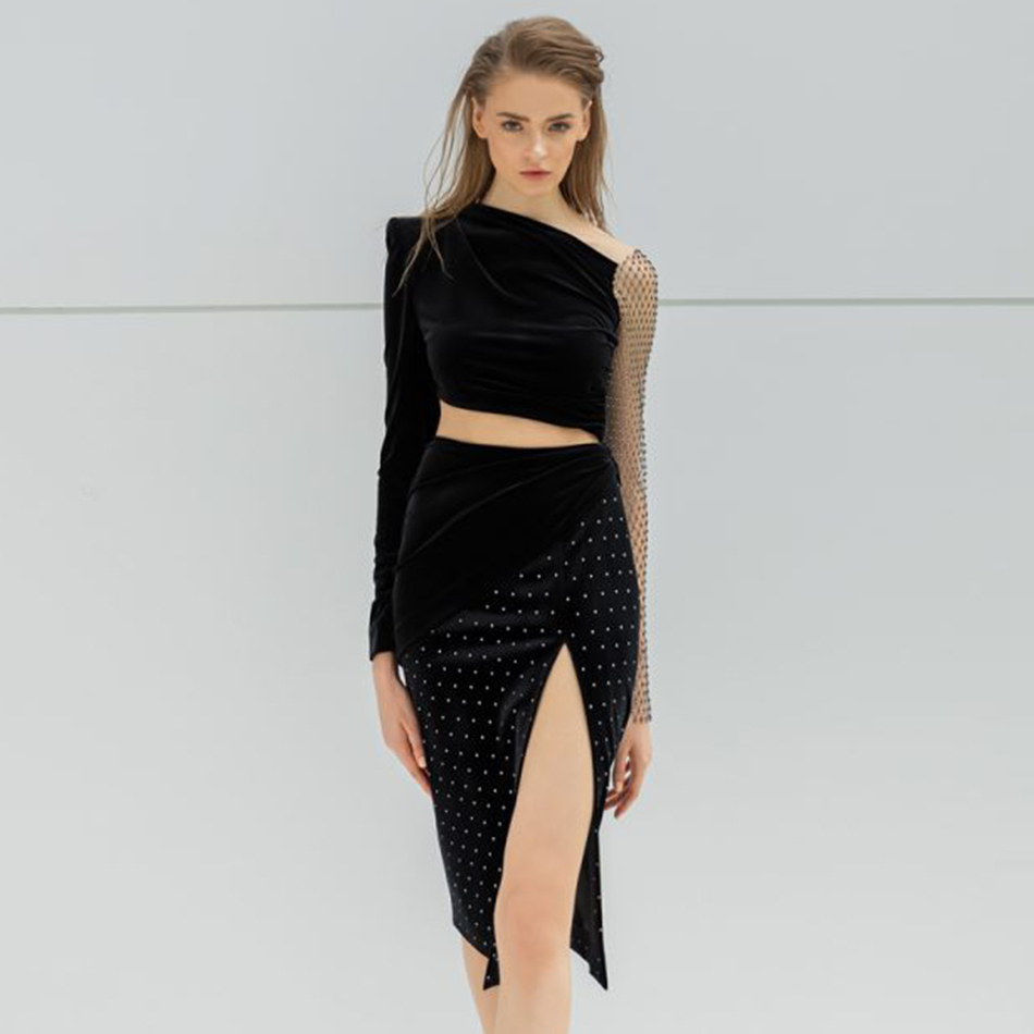 Free Women's Velvet Skirt Set Sexy Long Sleeve Mesh Diamond Top & Split Fashion Party Two Piece 210524