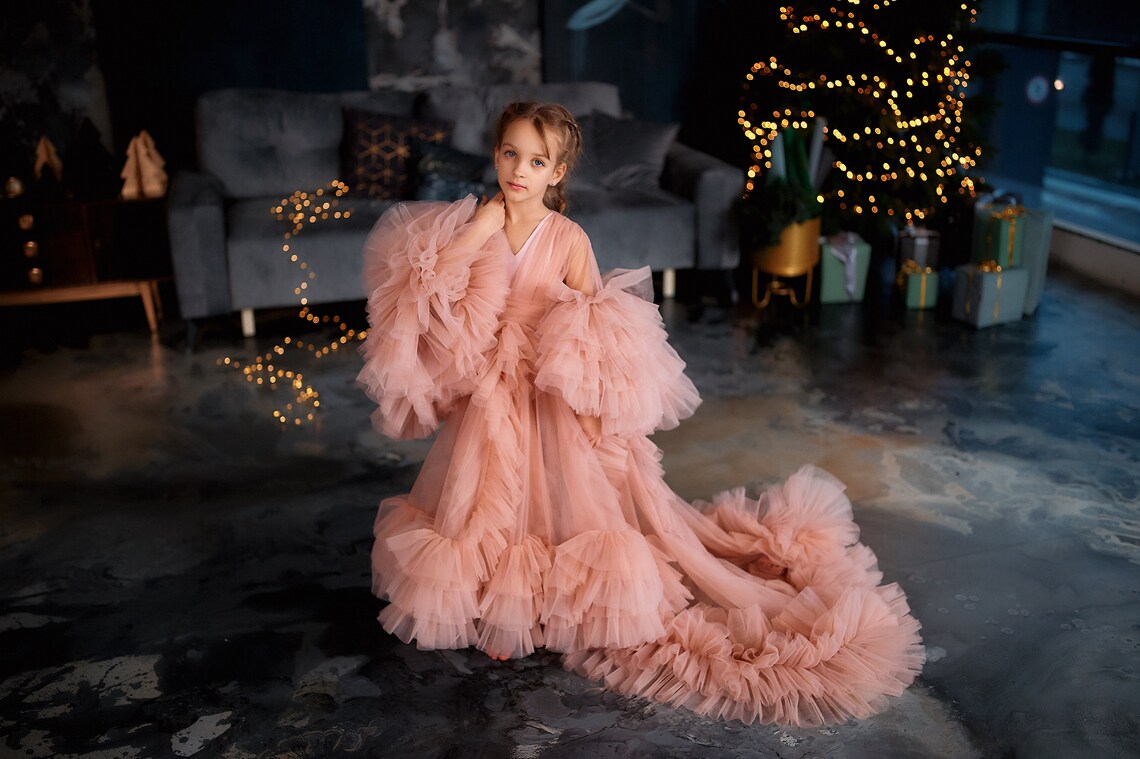 Pink Ruffles Flower Girls Dresses For Weddings Baby Party Prom Photoshoot Girl Dress Long Sleeve Birthday Gowns