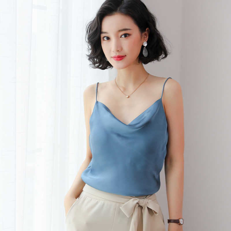Korean Fashion Silk Women Tops Tees Woman Satin Tank V Neck Solid s Camis White Crop Elegant OL 210531