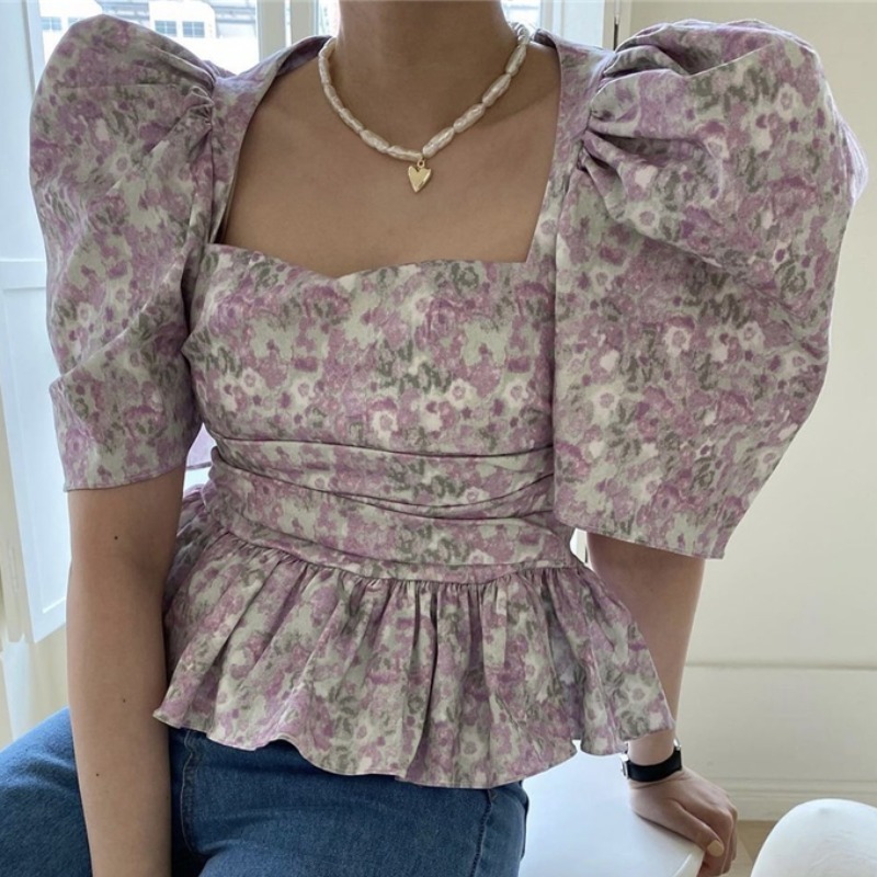 Nomikuma Korean Floral Women Tops Puff Sleeve Square Collar Blouse Shirt Summer Chic Slim Waist Ruffle Blusas Mujer 6G880 210427