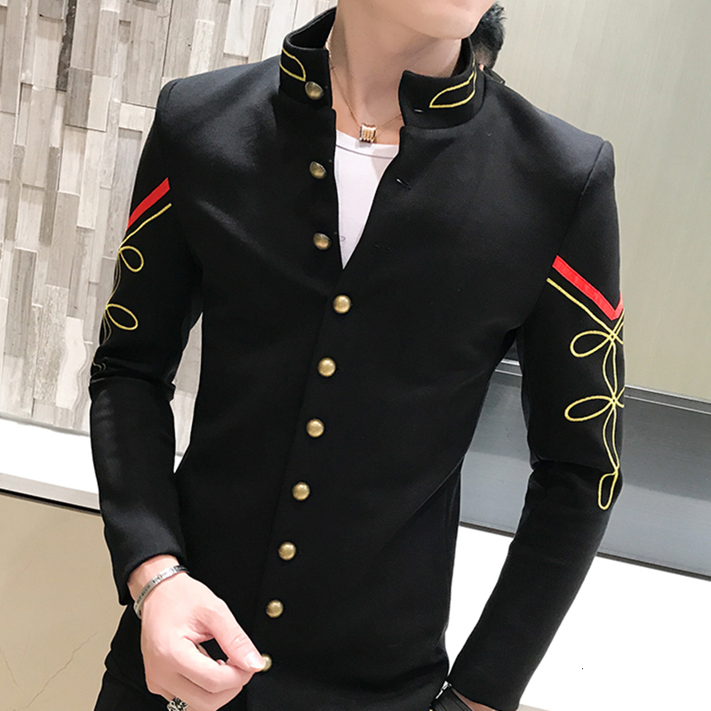 4 Color Gold Button Chinese Collar Blazers Jacket Slim Fit Mens Blazer Pattern Army Pilot Jacket Men Black Blue Red White Blazer 220310
4 Color Gold Button Chinese Collar Blazers Jacket Slim Fit Mens Blazer Pattern Army Pilot Jacket Men Black Blue Red White Blazer 220310