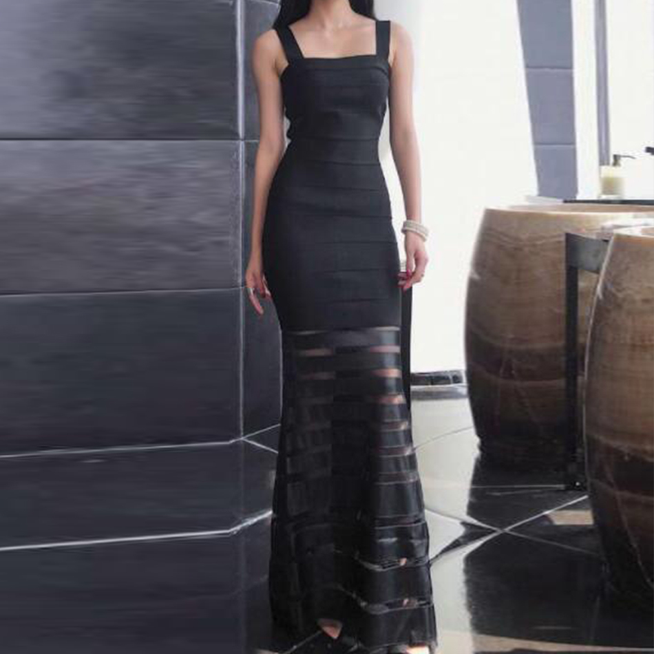 Summer Women Black Spaghetti Strap Rayon Bandage Club Dress Sexy Lace Hollow Out Celebrity Evening Maxi Dresses 210423
