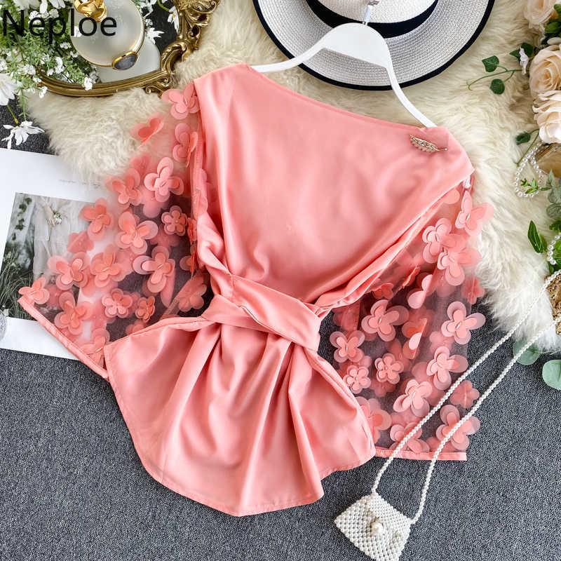 Neploe Autumn Spring Slim Waist Lace Up Blouse O Neck Patchwork Mesh Flare Long Sleeve Appliques Blusas Elegant Shirt T200322