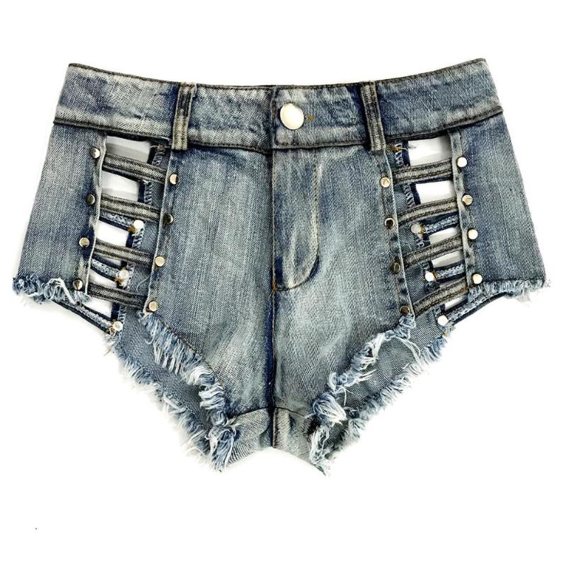 Women Denim Sexy Shorts Fashion Straps Hollow Out Club Style Mid Waist Button Zipper Tassel Short Jeans Drop Women's