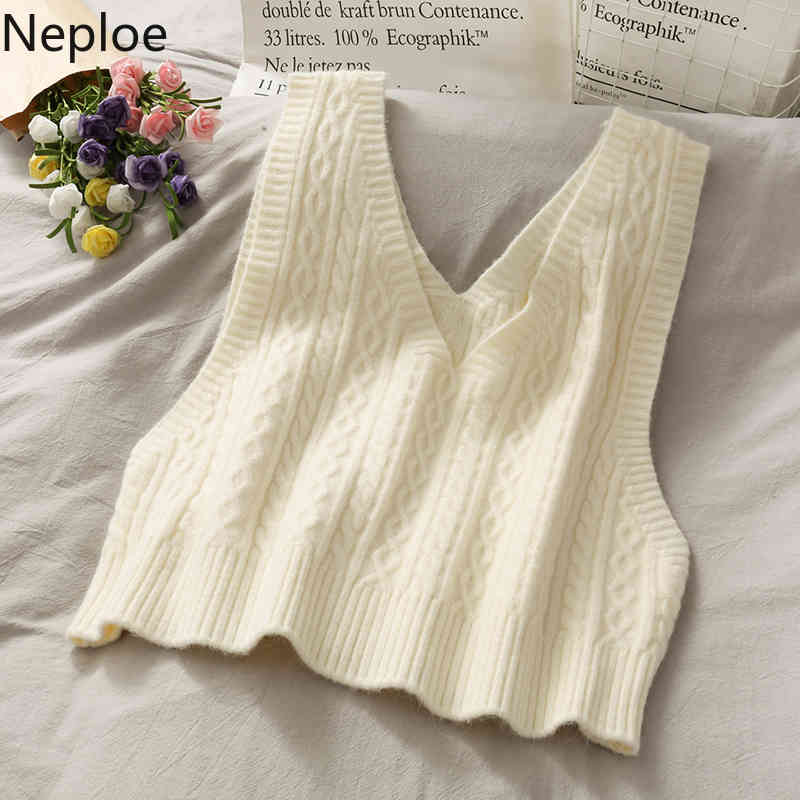 Neploe Korean Sweater Vest Women Knitted Cropped Double V-neck Sleeveless Waistcoat Solid Color All-match Tank Tops Coat 4G765 210422