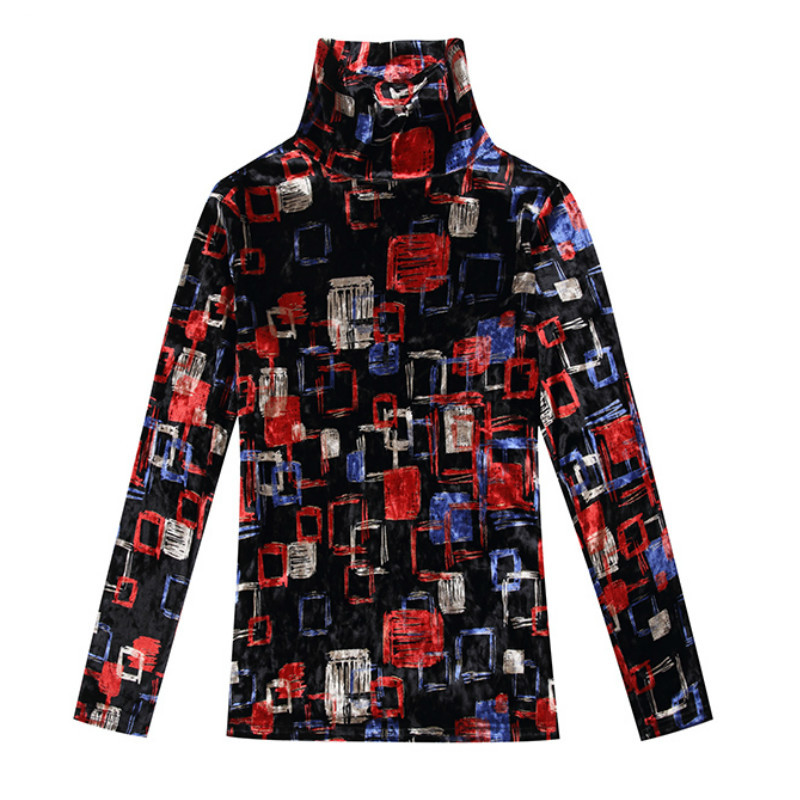 Korean Print Pullover Slim Women Shirts Autumn Fashion Long Sleeve Turtleneck Blouses Office Ladies Tops 6513 50 210506