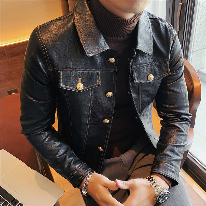High Quality Autumn Winter Korean Slim Fit Single Breasted Turn Down Collar Motorcycle PU Leather Jacket Men Clothing Coats 211119