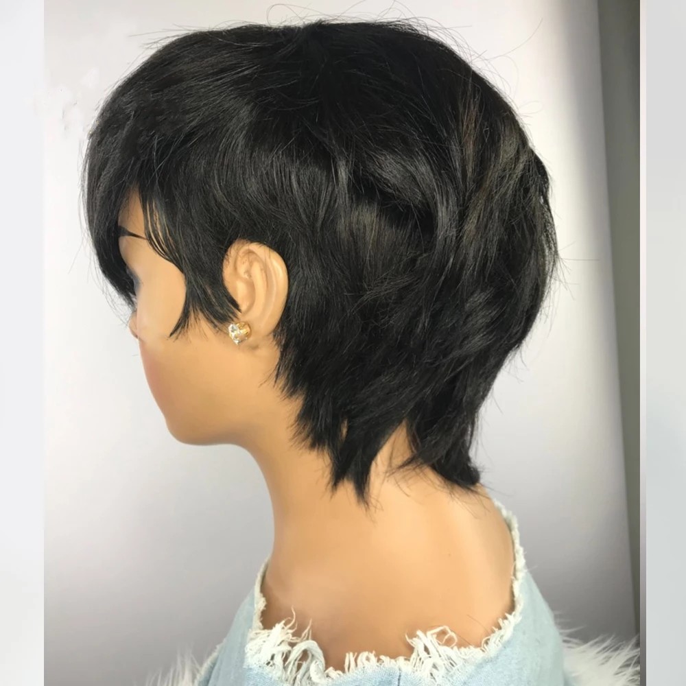 Short Cut Wavy Bob Pixie Wig None Lace Front Human Hair Wigs With Bangs For Black Women Full Machine Made Remy Brazilian