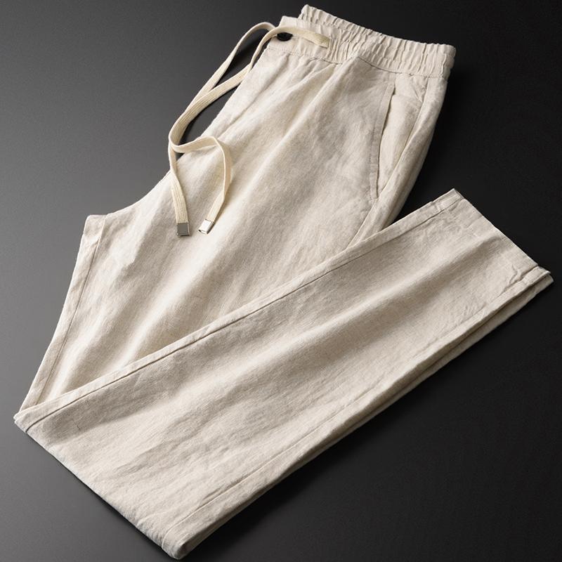 Linen Luxury 100% Breathable Drawstring Casual Male Pants Plus Size 4xl Elastic Waist Slim Fit Mens Trousers Men's