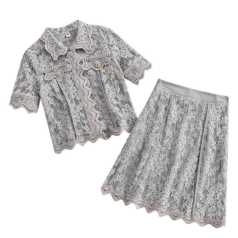 DEAT Women Lapel Short Sleeve Lace Skirt Arrivals Short Two Piece Set Temperament Fashion Spring Summer 11D769 210709