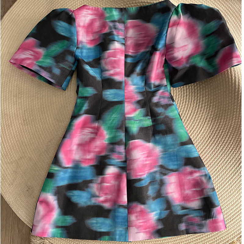 DEAT Women Printing Dress V-Neck Short Puff Sleeve Arrivals Lady Temperament Fashion Spring Summer 11D1870 210709