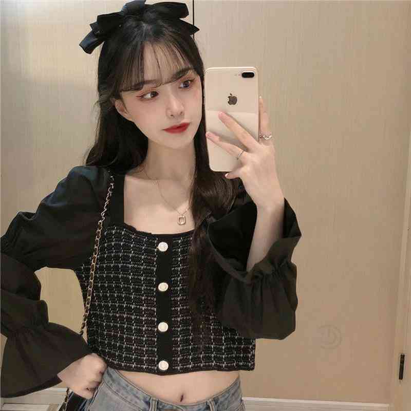 Womens Spring Autumn Lattice Knitwear Puff Sleeve Short Top Woman Sweaters Femme Chandails Pull Hiver, White;black
Womens Spring Autumn Lattice Knitwear Puff Sleeve Short Top Woman Sweaters Femme Chandails Pull Hiver, White;black