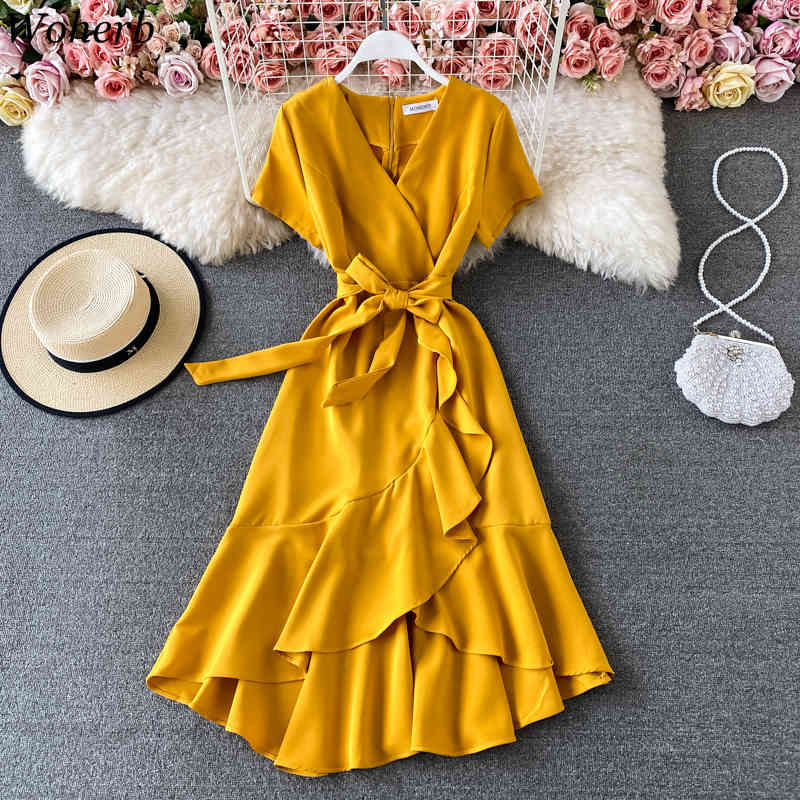 Summer Woman Dress Elegant Temperament Vestidos V-neck Slim Waist Robe Irregular Lace Up Ruffles Dresses Female 210422